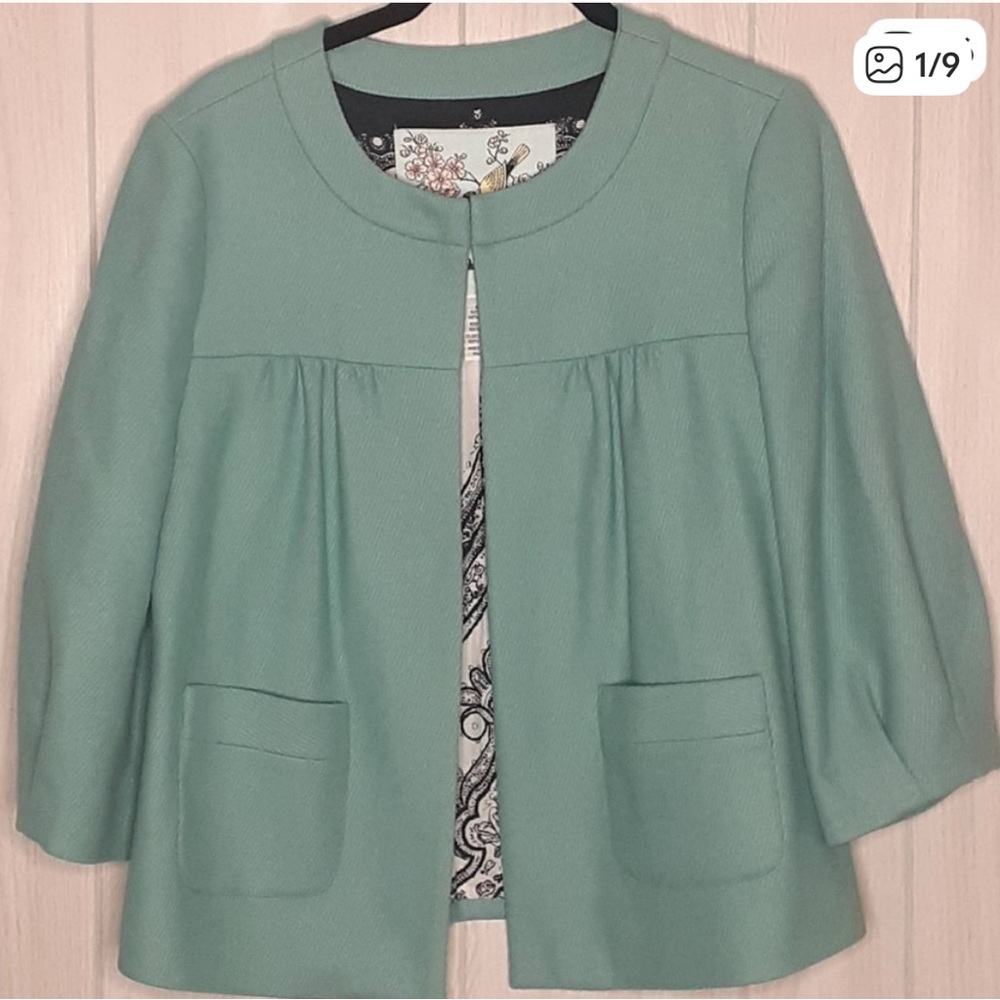 Tabitha by Anthropologie Teal Jacket w/Black & White Patterned Lining Wool Blend